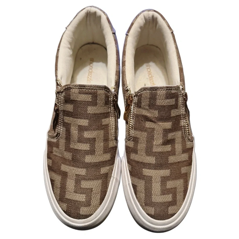 Show Dazzle- Beige Monogram Slip-On Sneakers w/ Side Zip Detail